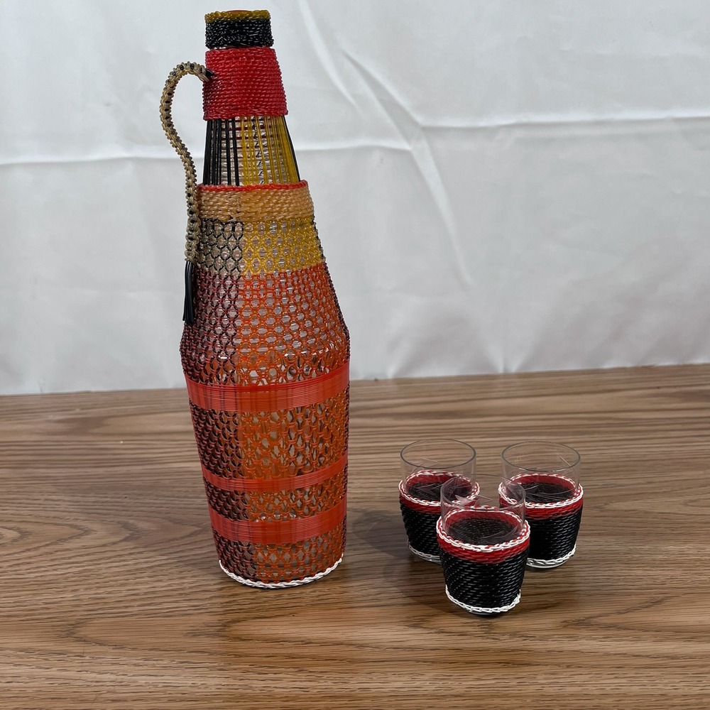 Woven Bottle Decanter Set with Shot Glasses‎ Colorful Handcrafted Decor